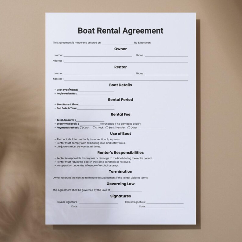 Simple Boat Rental Agreement, One Page Yacht Rental Form, Printable ...