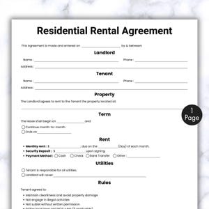 Simple Residential Rental Agreement, One Page Rental Agreement Template, Printable & Editable Residential Housing Agreement, Landlord Form