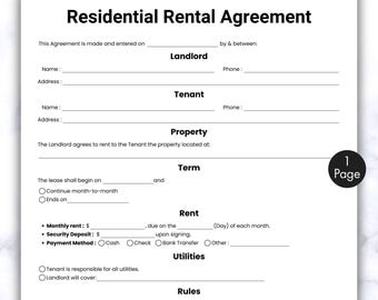 Simple Residential Rental Agreement, One Page Rental Agreement Template, Printable & Editable Residential Housing Agreement, Landlord Form