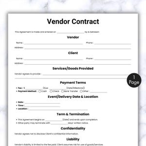 Puede incluir: Una plantilla de contrato de proveedor imprimible en blanco y negro con secciones para la información del proveedor y del cliente, los servicios prestados, las condiciones de pago, la fecha y la ubicación del evento/entrega, el plazo y la terminación, la confidencialidad y la responsabilidad.