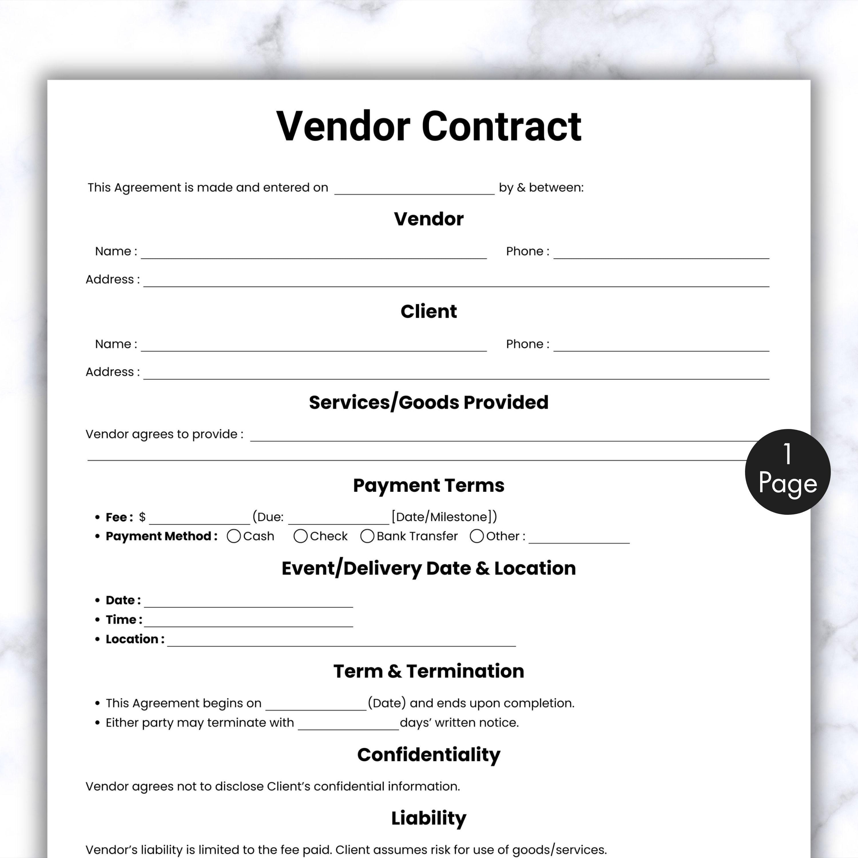 Simple Vendor Contract Template, One Page Event Agreement, Printable & Editable Catering Vendor, Popup Event Vendor, Truck, Sales Contract