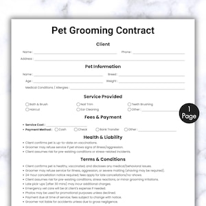 Contratto semplice per la toelettatura degli animali domestici, contratto di toelettatura per clienti di animali domestici di una pagina, contratto per salone per cani e gatti stampabile e modificabile, toelettatura per cani e gatti, Canva
