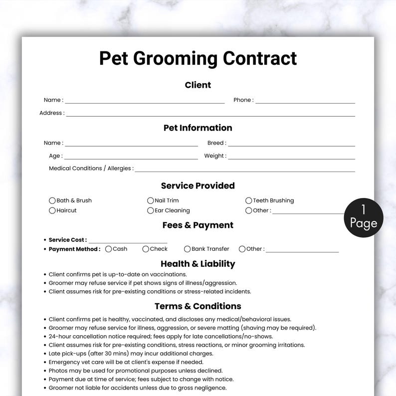 Simple Pet Grooming Contract, One Page Pet Client Grooming Agreement ...