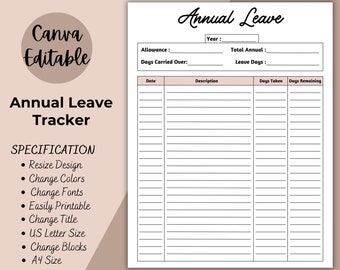 Printable Annual Leave Tracker | Editable Holiday Tracker | Work Leave Log | Days Off | Annual Leave Planner Template | Leave List PDF