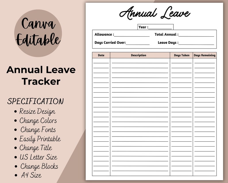 Printable Annual Leave Tracker | Editable Holiday Tracker | Work Leave ...