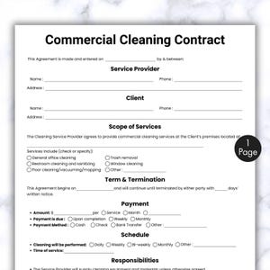 Simple Commercial Cleaning Contract, One Page Cleaning Agreement Form, Printable & Editable Realtors Janitorial Office Cleaning Services