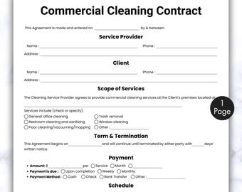 Contrat de nettoyage commercial simple, formulaire de contrat de nettoyage d'une page, services de nettoyage de bureaux de conciergerie imprimables et modifiables