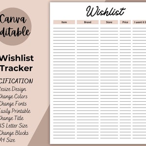 Wunschliste | Druckbare Dinge zu kaufen | Bearbeitbare Wunschlisten-Vorlage | Einkaufsliste | Shop Einkaufsliste | Einkaufstagebuch PDF