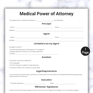 May include: A black and white printable medical power of attorney form with sections for the principal and agent, including their names, addresses, and phone numbers. The form also includes sections for limitations on the agent, duration of the power of attorney, legal requirements, and execution.