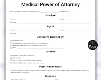 Formulaire de procuration médicale simple, modèle d'autorité de santé d'une page, formulaire de procuration d'assurance-maladie imprimable et modifiable Canva, téléchargement PDF