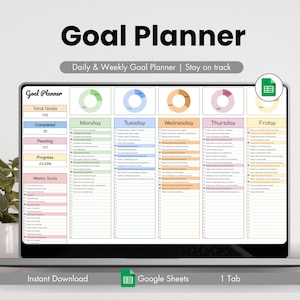Op de afbeelding: Een digitale doelplanner-sjabloon voor Google Sheets. De sjabloon is verdeeld in vijf kolommen: Maandag, Dinsdag, Woensdag, Donderdag en Vrijdag. Elke kolom bevat een checklist met taken die voor die dag moeten worden voltooid. De sjabloon bevat ook een voortgangsbalk en een cirkeldiagram om de voortgang naar doelen te volgen.
