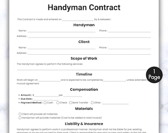 Einfacher Handwerkervertrag, einseitige allgemeine Vertragsvorlage, druckbare und bearbeitbare Unterunternehmer, Bauvertrag, allgemeine Konstruktion