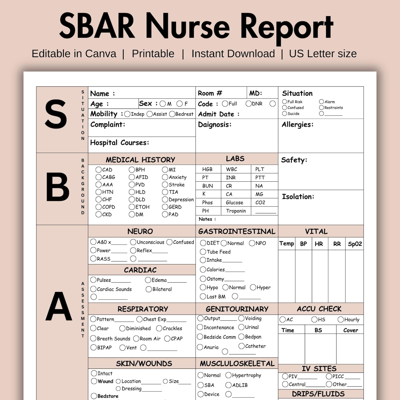 SBAR Nurse Report Sheet Editable Med Surg Nurse Brain Sheet ICU Nursing ...