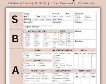 SBAR Nurse Report Sheet Editable Med Surg Nurse Brain Sheet ICU Nursing Report W/Medication Nurse Charting & Handoff Report  RN Report Sheet