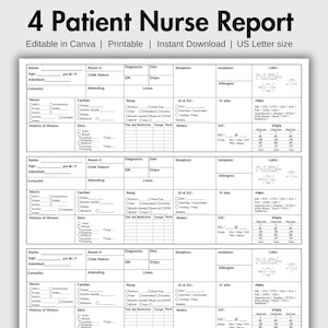 May include: A printable patient nurse report form with sections for patient information, vital signs, and medical history. The form is designed for use by nurses and other healthcare professionals.