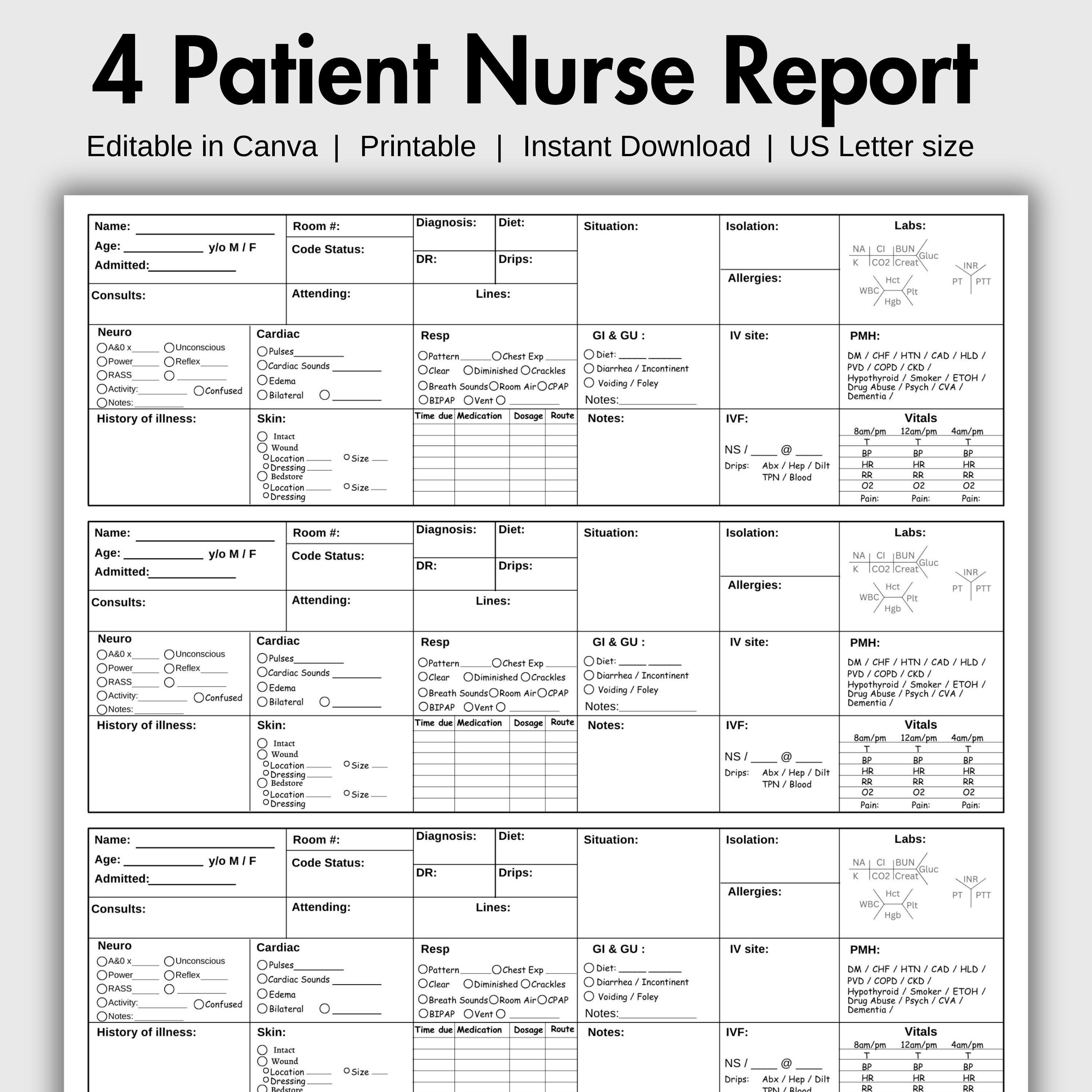 Four Patient Worksheet.pdf 4 Patient Report Sheet Printable & Editable Nurse Brain Sheet Nursing ...