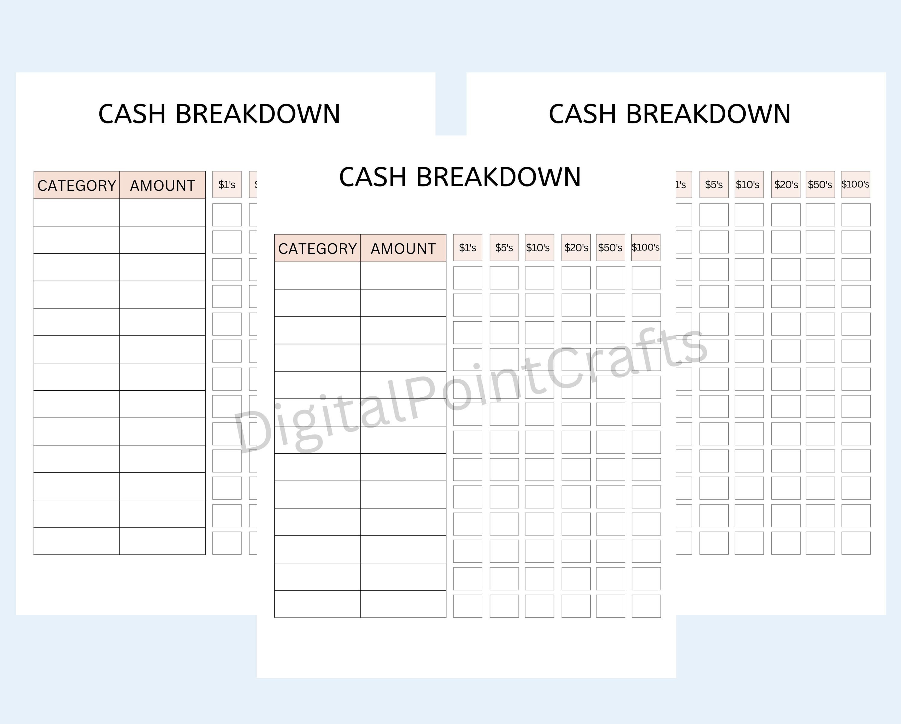 Printable Cash Breakdown Sheet PDF Money Breakdown Form by - Etsy