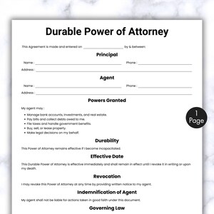 Simple Durable Power of Attorney Template, One Page Durable Financial POA Form, Printable & Editable Durable Legal Form, POA Agreement