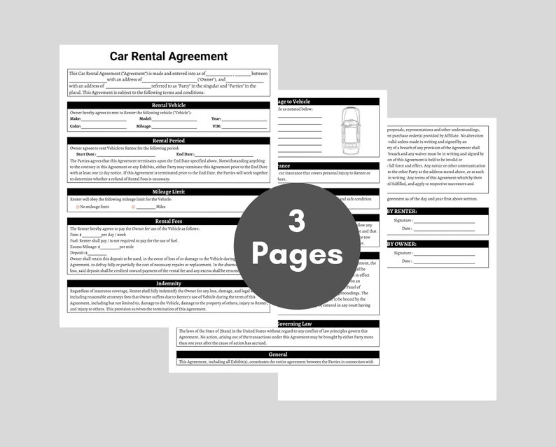 May include: A black and white legal document titled "Car Rental Agreement". The document includes sections for rental vehicle information, rental period, mileage limit, rental fees, indemnity, governing law, and general terms.