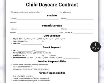 Könnte beinhalten: Ein weißes Child Daycare Contract Formular mit schwarzem Text. Das Formular enthält Abschnitte für Anbieter- und Eltern-/Erziehungsberechtigteninformationen, Betreuungsplan, Gebühren, Verantwortlichkeiten und Richtlinien. Ein schwarzer Kreis mit der Zahl 1 und dem Wort "Seite" befindet sich in der unteren rechten Ecke.