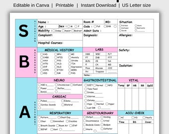 SBAR Nurse Rapport | Bearbeitbare Handoff-Vorlage | Druckbares Nursing Brain Sheet für Med Surg, ICU, RN | Studenten Schicht Rapport Canva