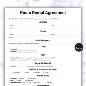 Simple Room Rental Agreement Template, One Page Room Tenancy Contract, Printable & Editable Roommate Room Rental Agreement, Tenant Room