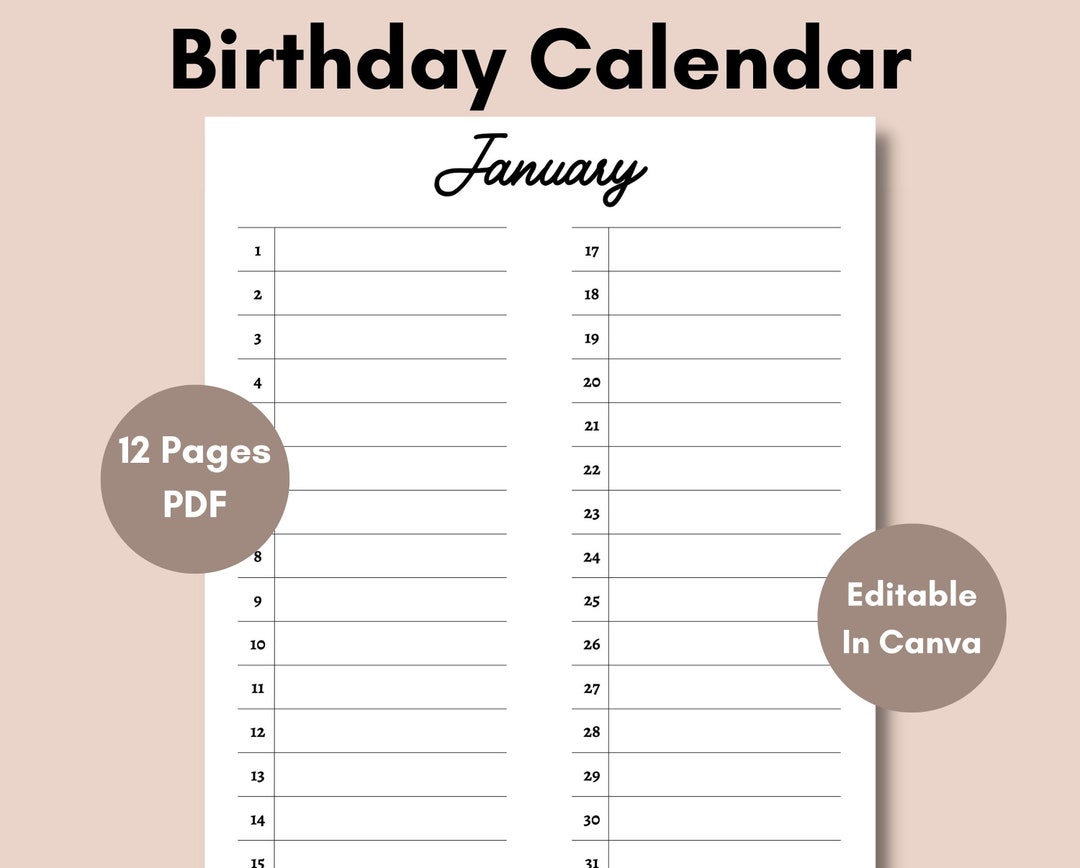 Printable Birthday Tracker, Editable Birthday Calendar, Birthday ...
