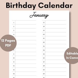Calendario de cumpleaños imprimible, calendario de cumpleaños editable, planificador de cumpleaños, plantilla de recordatorio de cumpleaños, cumpleaños, minimalista, A4, carta PDF