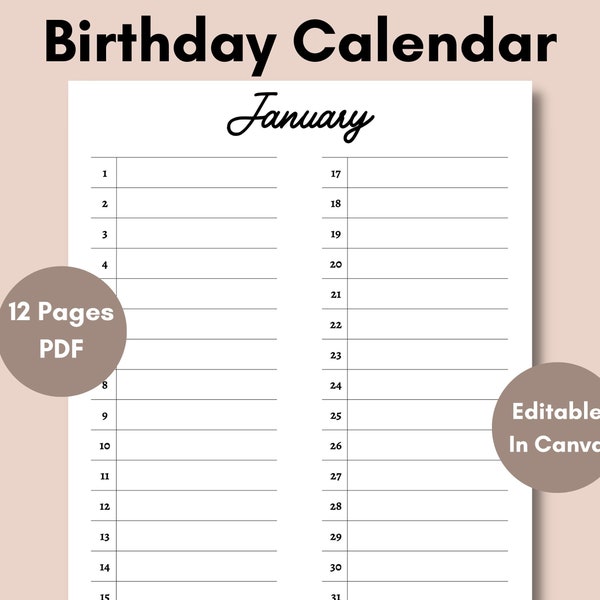 Printable Birthday Tracker, Editable Birthday Calendar, Birthday Planner, Birthday Reminder template, Birthdays, Minimalist, A4, Letter PDF