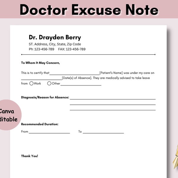 Doctor Excuse Template, Doctor Excuse for Work, Doctor Excuse Letter, Doctor Note For Work, Doctor Notes