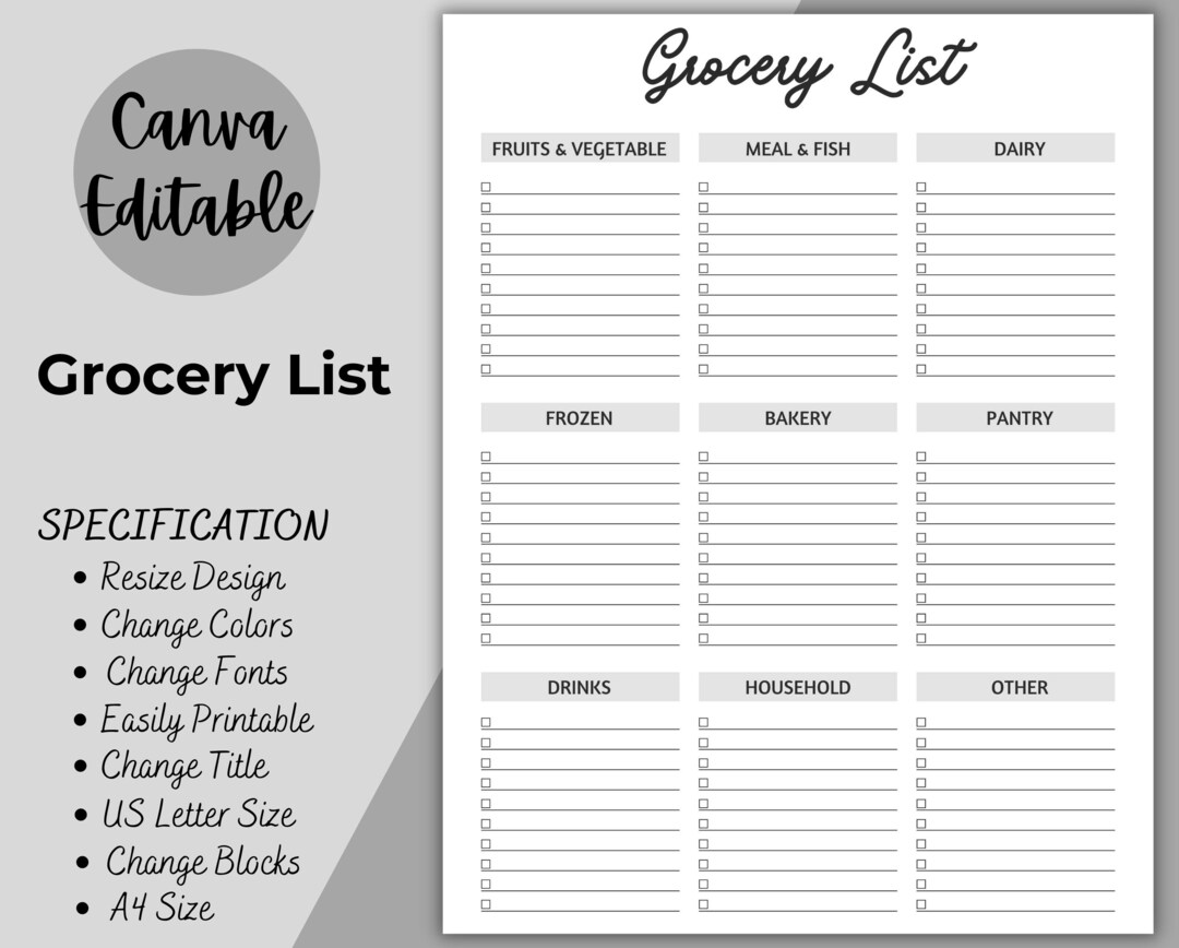 Grocery List, Printable Groceries Planner, Food Shopping List, Dairy