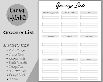 May include: A printable grocery list template with checkboxes for organising items by category. Categories include fruits & vegetables, meal & fish, dairy, frozen, bakery, pantry, drinks, household, and other.