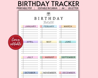 Printable Birthday Tracker, Editable Birthday Planner, Birthday Insert, Birthday Reminder template, Birthdays, Minimalist, A4, Letter PDF