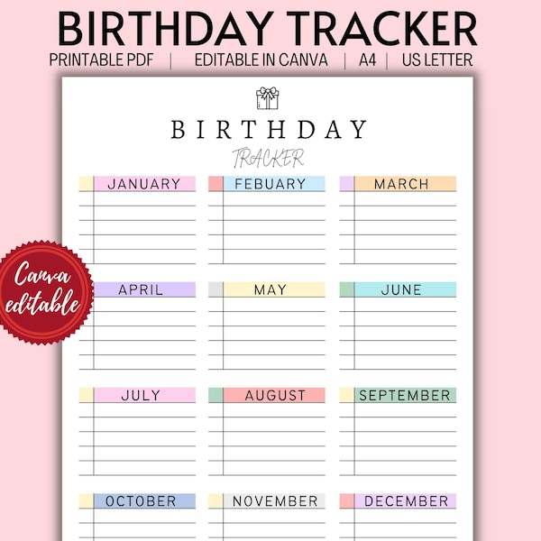 Printable Birthday Tracker, Editable Birthday Planner, Birthday Insert, Birthday Reminder template, Birthdays, Minimalist, A4, Letter PDF