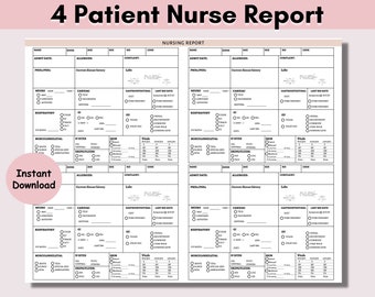May include: A printable patient nurse report form with sections for patient information, allergies, current disease history, and vital signs. The form is divided into four sections, each with a different color.