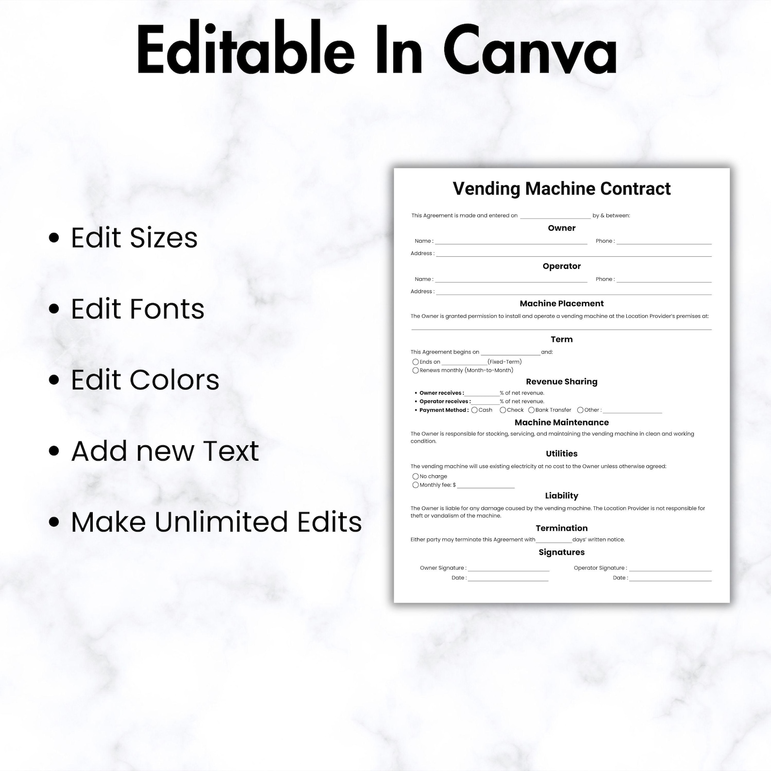 Simple Vending Machine Contract, One Page Vending Rental Form Template ...