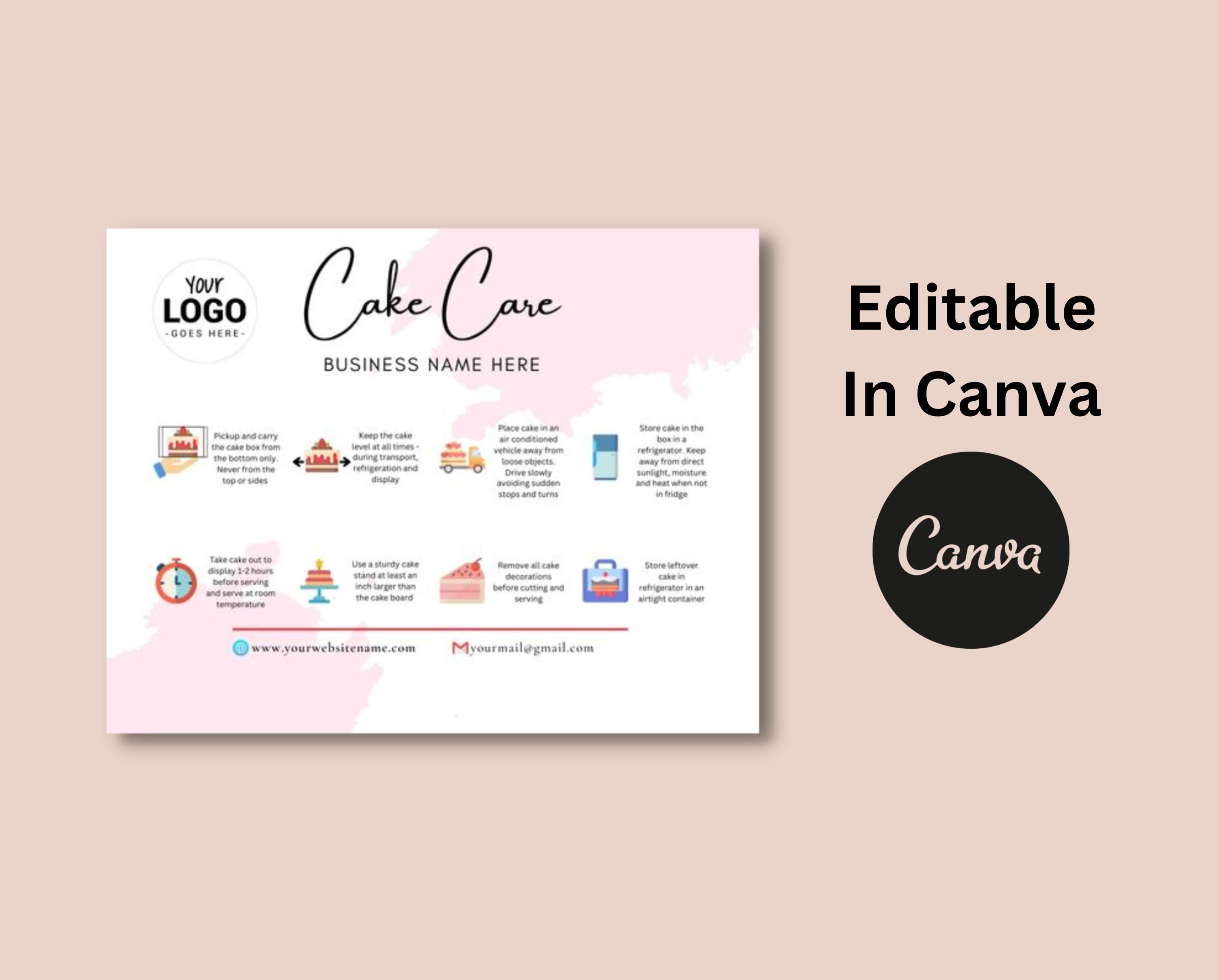 Printable Cake Care Card Template, Canva Editable Wedding Cake Care ...