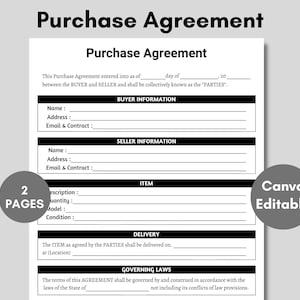 Afdrukbare koopovereenkomst, bewerkbaar koop- en verkoopcontract, verkoopcontract, zakelijk aankoopcontract, verkoopcontract, canvas
