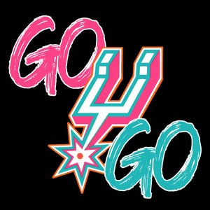 May include: A graphic design on a black background features the words "GO GO" in pink and teal brushstrokes. A stylized "U" shape and a starburst with a spur design are also included, with white, orange, and teal accents.