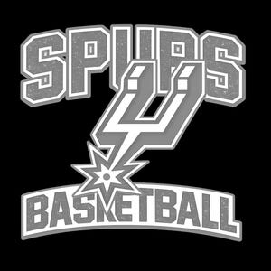 May include: A gray and white graphic on a black background. The word "SPURS" is arched across the top, with "BASKETBALL" arched across the bottom. A stylized spur and lightning bolt design is in the center.