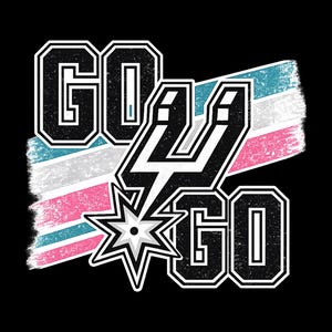 May include: Black graphic with the words "GO SPURS GO" in a bold, outlined font. The design includes a stylized spur, a starburst, and a distressed brushstroke background in teal, white, and pink.