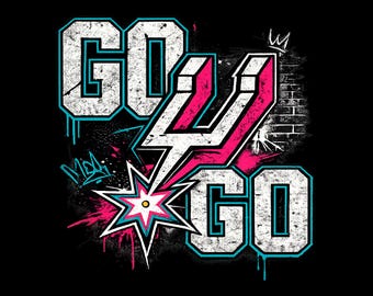 May include: Black graphic design featuring the text "GO SPURS GO" in white with teal outlines. The design incorporates a lightning bolt, starburst, and graffiti-style elements. A crown is drawn above the top right "GO".