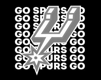 May include: Black background with a white and gray graphic. The graphic features the text "GO SPURS GO" repeated vertically and a stylized logo with a lightning bolt and starburst.