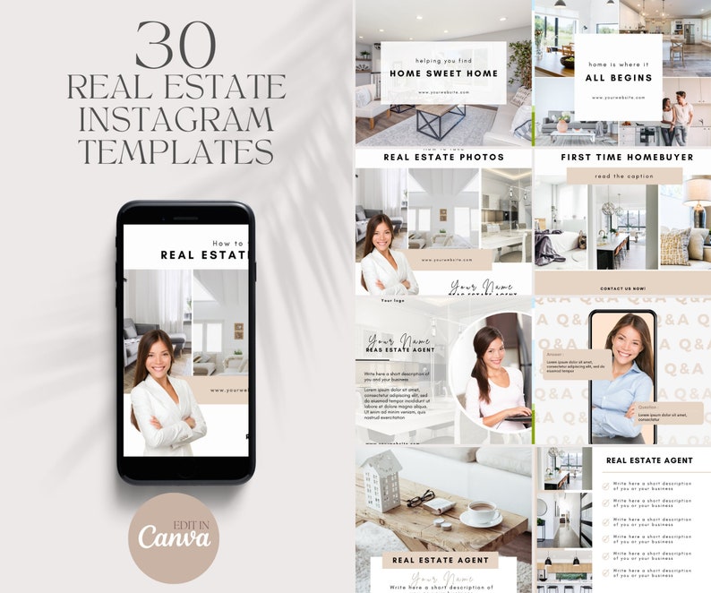 30 Modern Real Estate Instagram Templates | shops Real Estate Social Media Templates Posts Canva, Realtor Marketing, Real Estate Agent IG Content