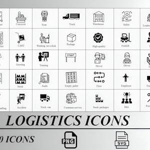 Puede incluir: Un conjunto de 70 iconos en blanco y negro que representan varios aspectos de la logística, incluidos contenedores, camiones, almacenes y personas trabajando. Los iconos están dispuestos en una cuadrícula con el texto "LOGISTICS ICONS" y "70 ICONS" debajo de la cuadrícula. El texto "PNG" y "SVG" también está incluido.