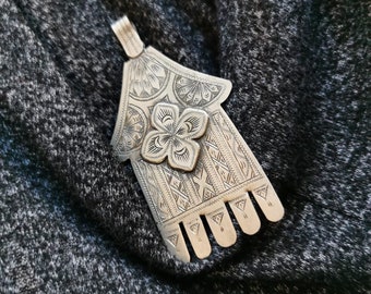 Hamsa marocaine vintage - Khamsa juive en argent faite main - Bijoux berbères - Amulette ethnique tribale