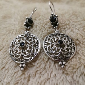 Vintage Moroccan EARRINGS - Black Bea, Filigree Style - Berber, Ethnic, Tribal, Arab, Middle Eastern African Jewelry - Wedding Dangle