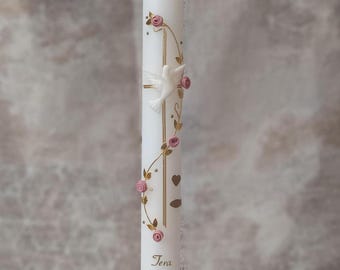 Vela de bautizo hecha a mano y personalizada niño y niña enredadera de rosas