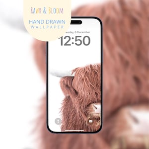 Watercolor Highland Cow iPhone Wallpaper, Animal Art Lock Screen (Digital Download)