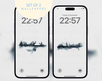 Watercolor Tree Landscape iPhone Wallpaper, Misty Forest Phone Background (Set of 2) (Digital Download)